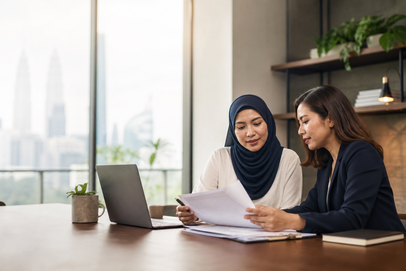 Business professionals reviewing documents together in a modern Kuala Lumpur workspace