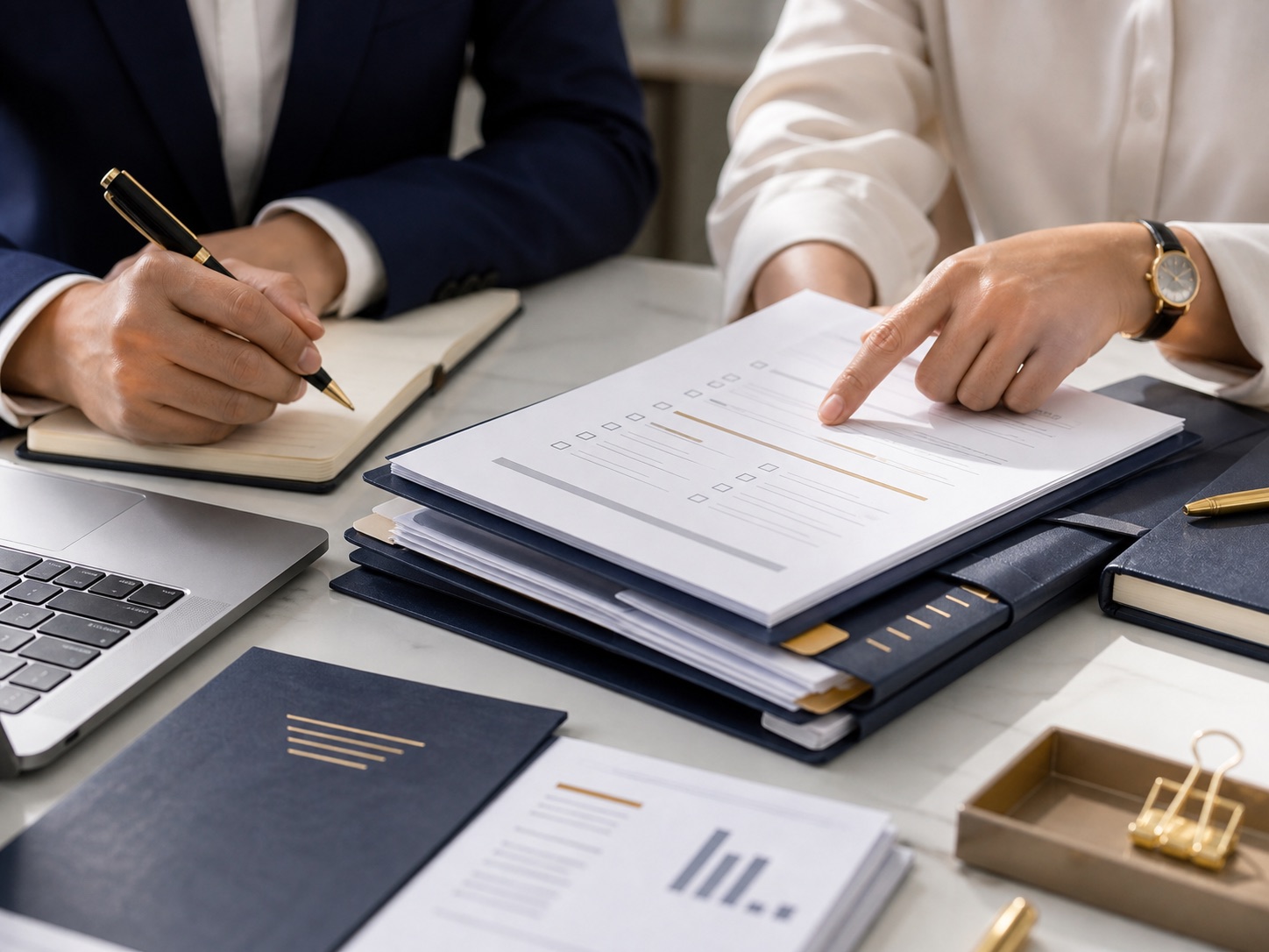 Professionals reviewing an organised business document checklist