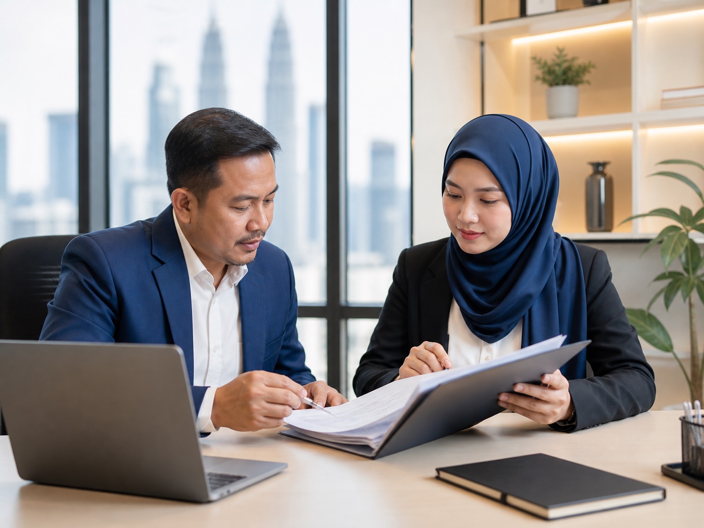 Malaysian professionals reviewing employment documents together